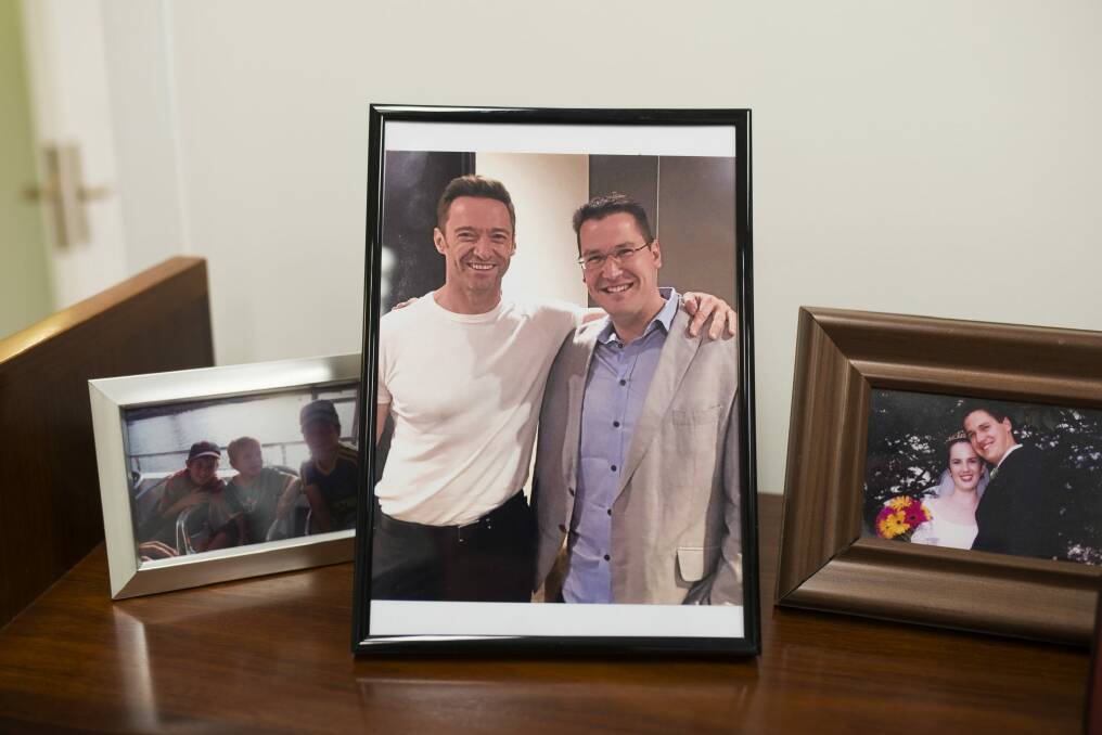 A photograph of Zed Seselja with Hugh Jackman in the sentator's office. Photo: Rohan Thomson