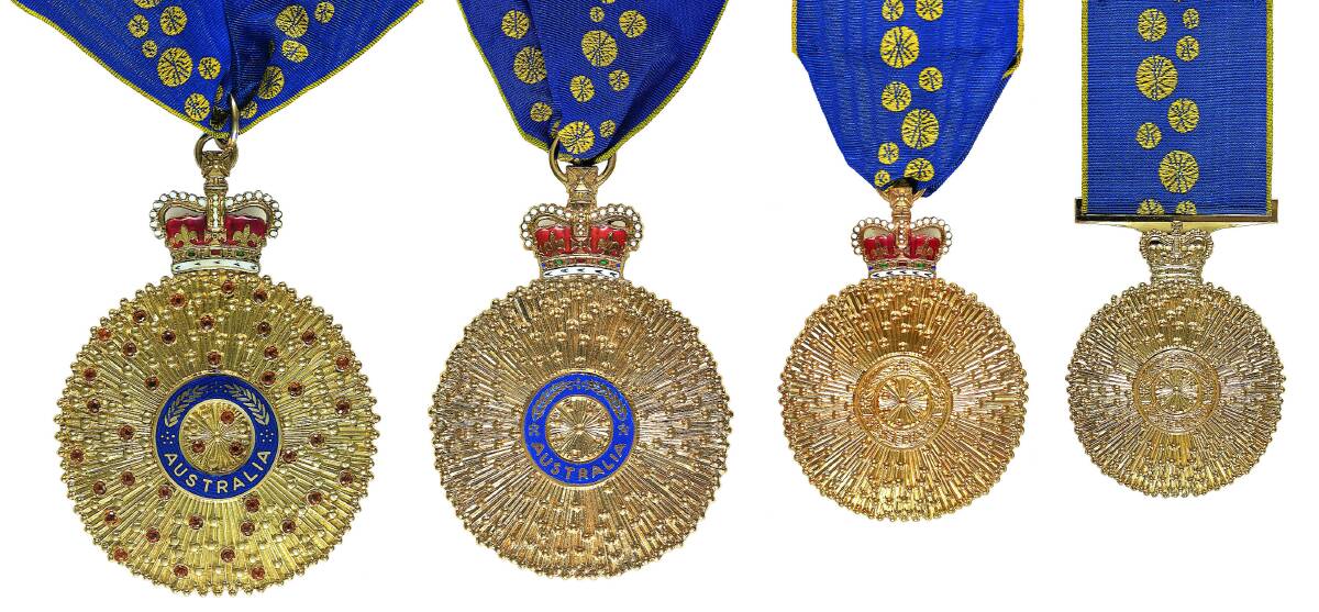 Medals received by new appointees to the Order of Australia (from left): Companion of the Order, Officer of the Order, Member of the Order, Medal of the Order. Photo: Supplied