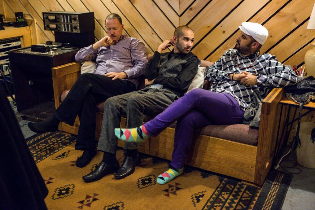 Pictured L-R: Matt McMahon, James Tawadros and  Joseph Tawadros listening to playback in the studio. Photo: Lee Varis