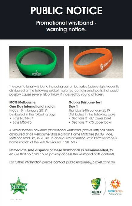 The notice for cricket fans to check whether they have any of the wristbands. Photo: Supplied