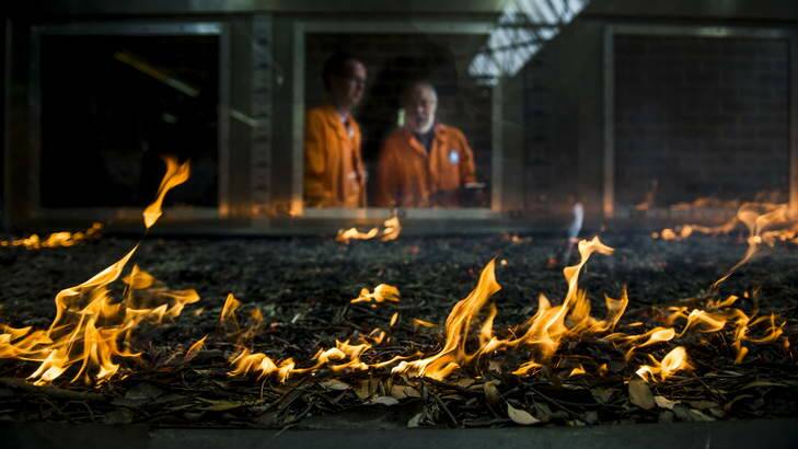 The CSIRO are studying how bush fires spread. Research group leader, Dr Andrew Sullivan, and principal research scientist, Jim Gould watch as fire spreads in the pyrotron. Photo: Rohan Thomson