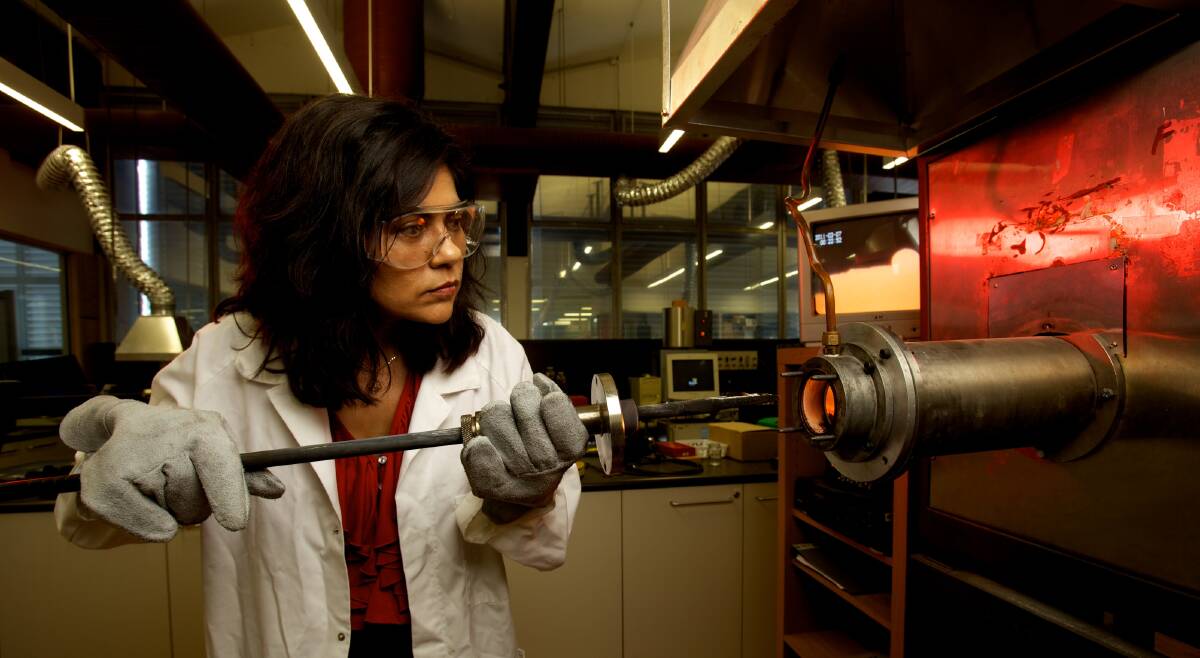 Professor Veena Sahajwalla works at one of the UNSW micro-factories. Photo: Supplied