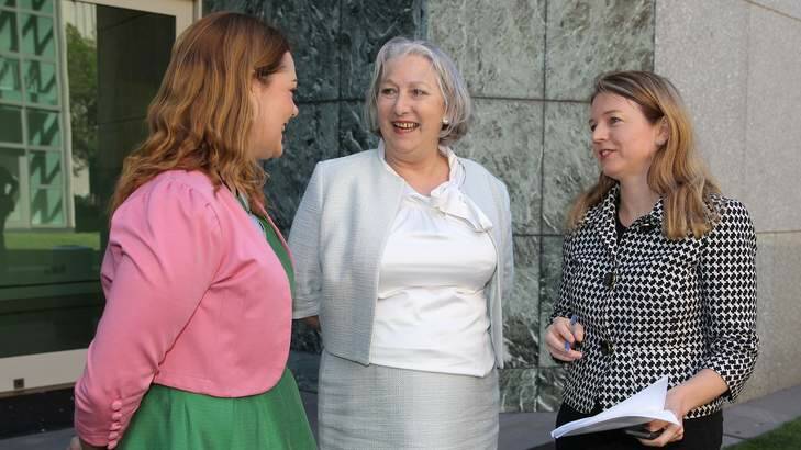 Senators Sarah Hanson-Young, Sue Boyce and Louise Pratt. Photo: Alex Ellinghausen