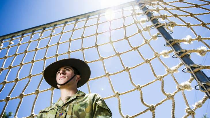 Duntroon RMC Staff Cadet, Alex Reichstein, at the obstacle course at Duntroon. Photo: Rohan Thomson