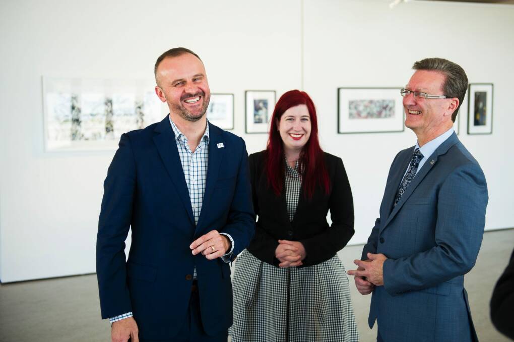  ACT Chief Minister Andrew Barr, member for Ginninderra Tara Cheyne and ACT Arts Minister Gordon Ramsay at the Belconnen Arts Centre  Photo: Rohan Thomson