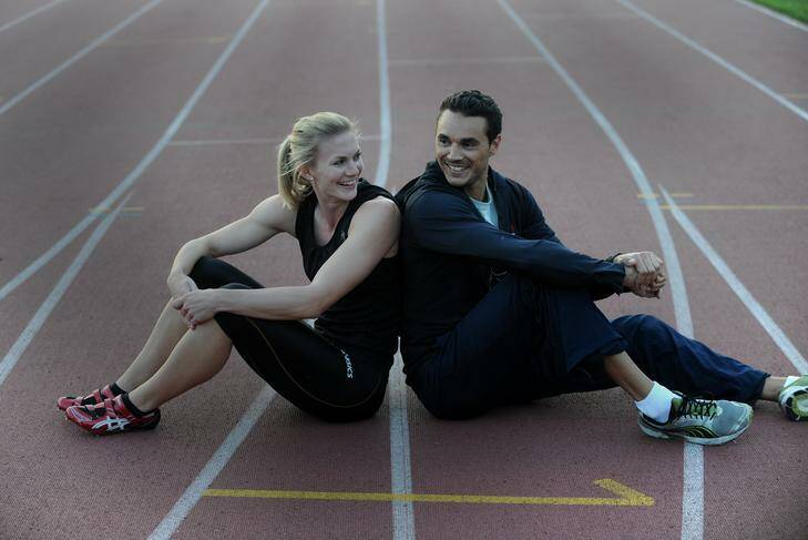National  100m champion sprinters Melissa  Breen  and Josh  Ross  at the AIS Athletics track. Photo: Richard Briggs