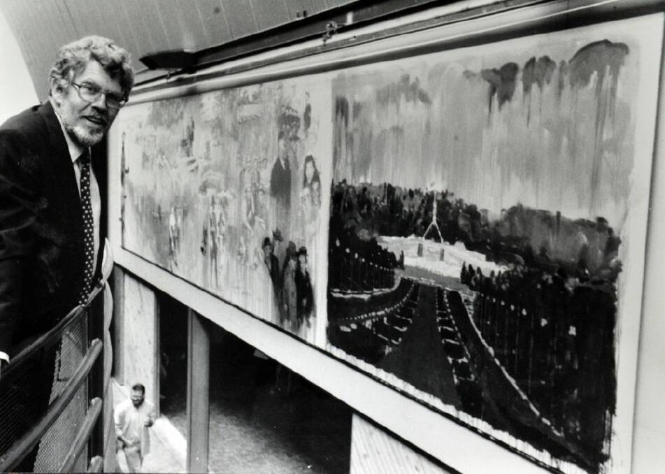 Rolf Harris unveiling his painting Triptych 88 at the Erindale Centre in 1988.