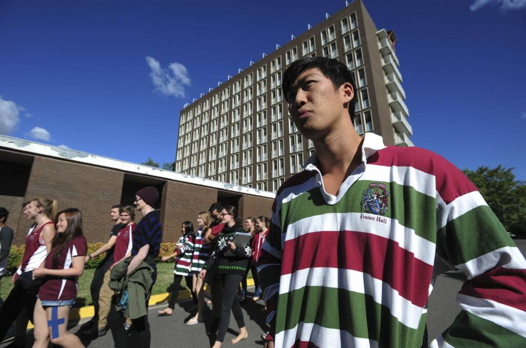 Sean Ding, president of the Fenner Hall Residents Community. He is pictured outside the ageing Fenner Hall ANU residential units on Northbourne Avenue.
 Photo: Graham Tidy