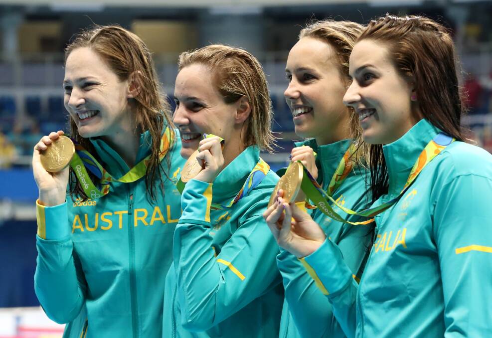 Cate Campbell, Bronte Campbell, Emma McKeon and Brittany Elmslie want this to be a regular feeling. Photo: AP