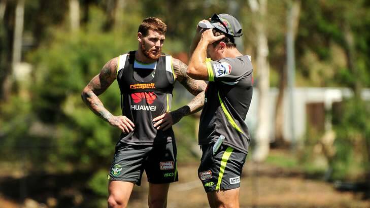 Raiders fullback Josh Dugan talks with coach David Furner at training earlier this month. Photo: Colleen Petch