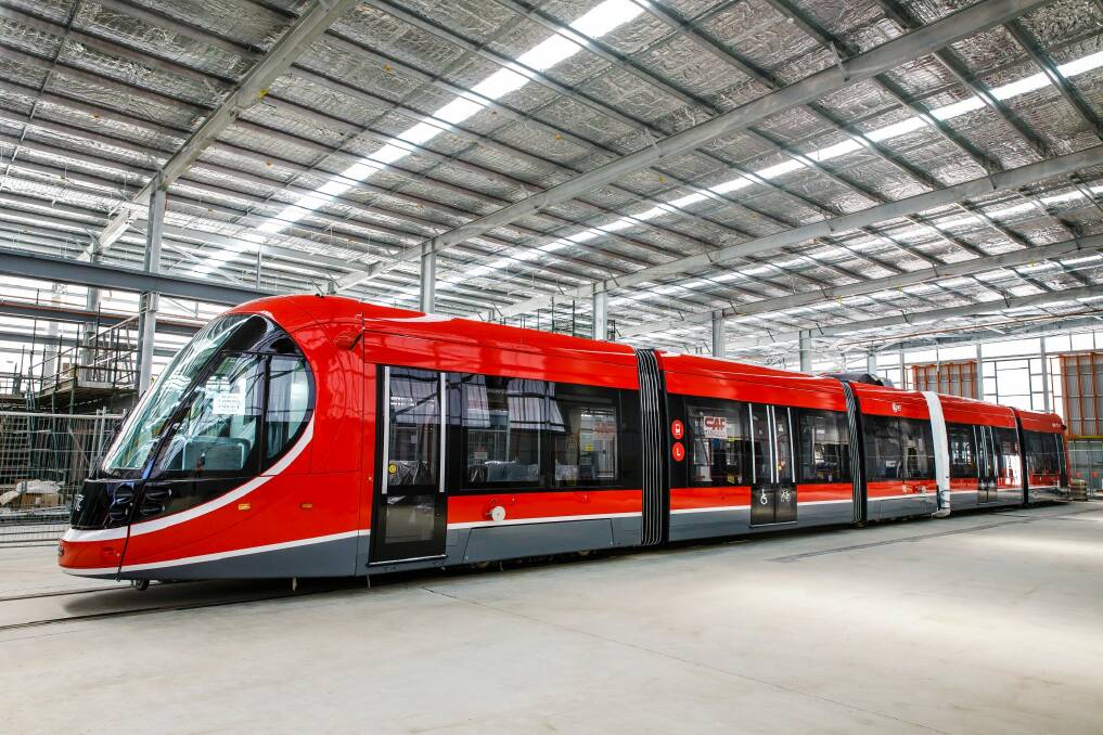 Canberra's first light rail vehicle at its depot in Mitchell.  Photo: Sitthixay Ditthavong