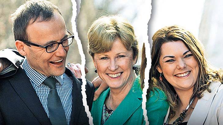 Torn loyalties: Greens MP Adam Bandt, party leader Christine Milne and senator Sarah Hanson-Young.