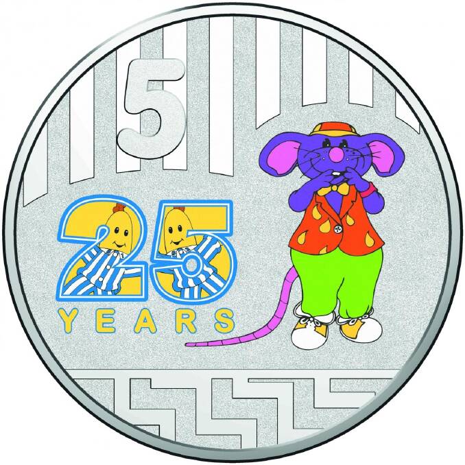 The Royal Australian Mint has launched a special two coin box set featuring the Bananas in Pyjamas, the Teddy Bears, and Rat in a Hat, both the 20 cent and 5 cent coins are in colour. Photo: Supplied