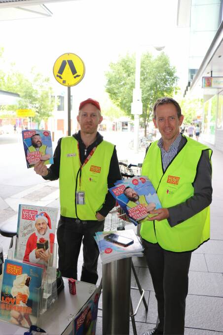 Greens MLA Shane Rattenbury (right) selling The Big Issue in Civic with vendor David M. Photo: Supplied