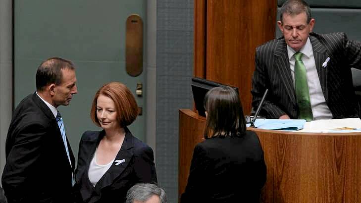 Opposition Leader Tony Abbott, Prime Minister Julia Gillard and former Speaker of the House Peter Slipper. Photo: Alex Ellinghausen
