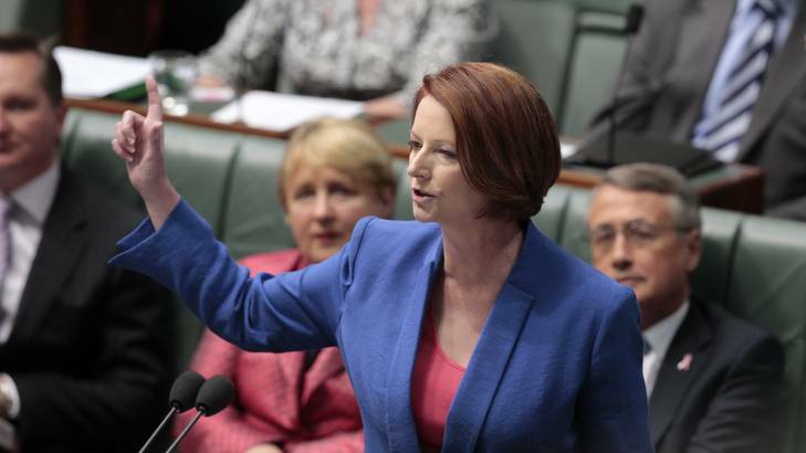 Prime Minister Julia Gillard replies to Opposition Leader Tony Abbott's motion to dismiss the Speaker Peter Slipper at Parliament House in Canberra on Tuesday 9 October 2012. Photo: Andrew Meares