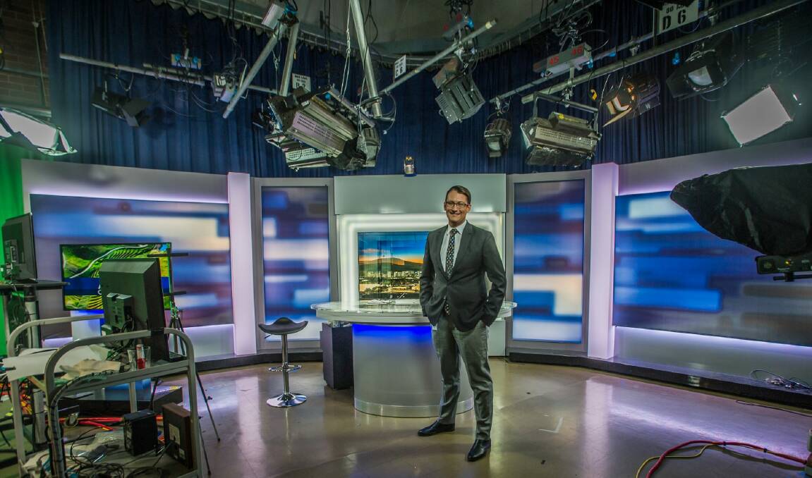 Dan Bourchier  in the ABC TV studio in Canberra.
He starts presenting the TV news and radio breakfast from Monday. Photo: Karleen Minney