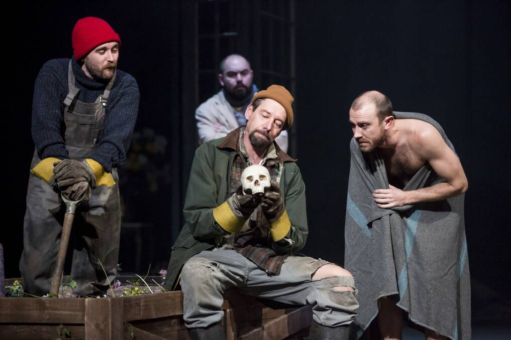 Robin Goldsworthy, left, Ivan Donato, Philip Dodd and Josh McConville in Bell Shakespeare's Hamlet. Photo: Daniel Boud