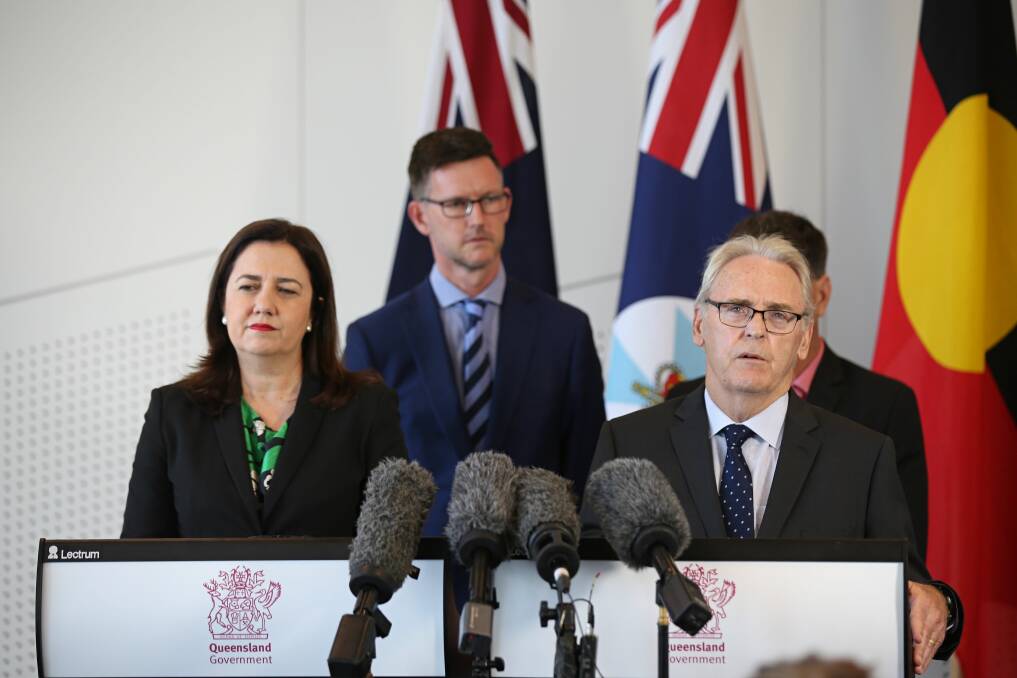 Premier Annastacia Palaszczuk, Transport Minister Mark Bailey and retired District Court judge Michael Forde. Photo: Jack Tran/ Office of the Premier