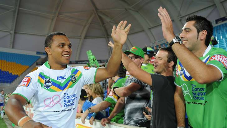 Travis Waddell celebrates with Canberra fans last year. Waddell has been looking for an NRL contract since being released by the Raiders at the end of 2012. Photo: Getty Images