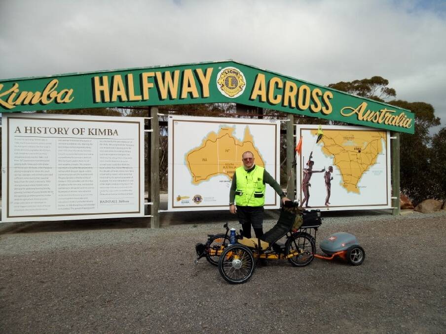 Canberra man Shane Stroud at the mid-way point across the continent at Kimba in South Australia. Photo: Supplied