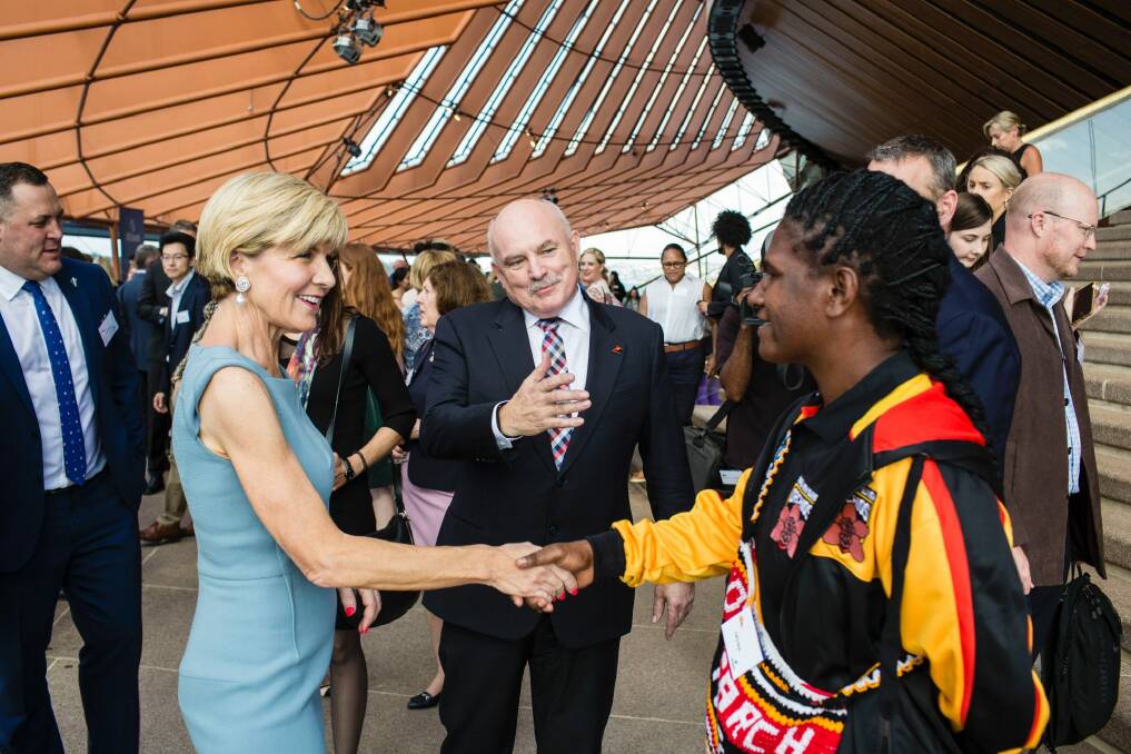 Welcome: CEO of Oil Search, Peter Botten, introduces Cathy Neap to Foreign Affairs Minister Julie Bishop at the Opera House. Photo: Dominic Lorrimer