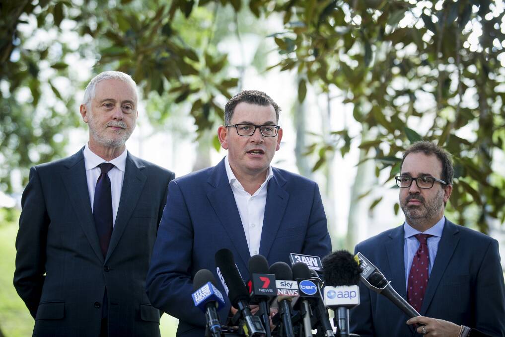 Premier Daniel Andrews flanked by Gavin Jennings and Martin Pakula  Photo: The Age 