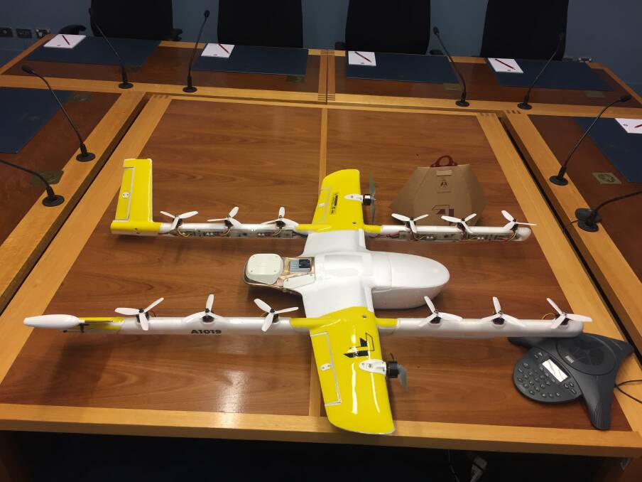 Project Wing brought one of their drones to the ACT government committee hearing on drones on Wednesday. Photo: Finbar O'Mallon
