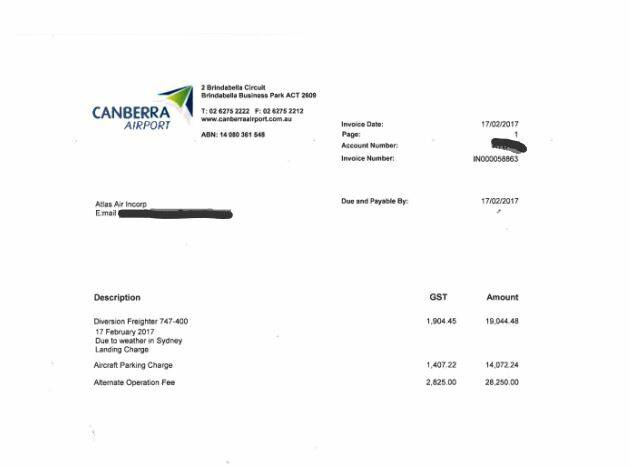 A redacted invoice appearing to show a $67,000 bill following an unexpected landing at Canberra Airport.  Photo: Supplied.