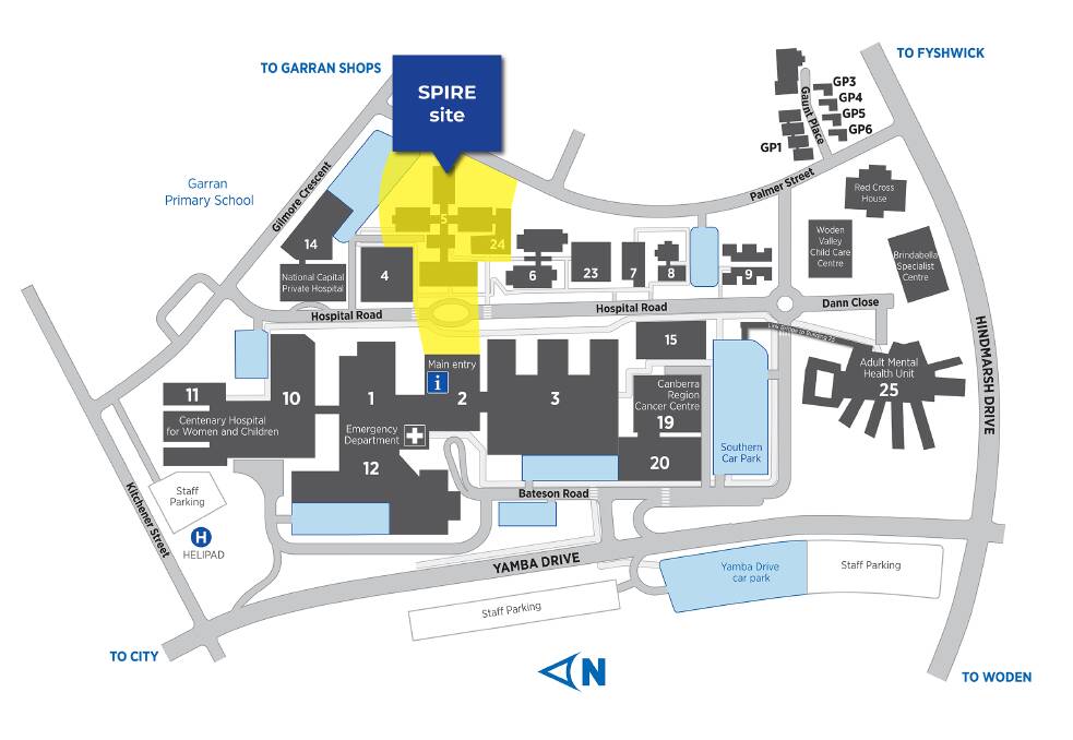 The location of the government's new hospital building (in yellow), to be known as the SPIRE centre, on the Woden hospital campus. Photo: Supplied