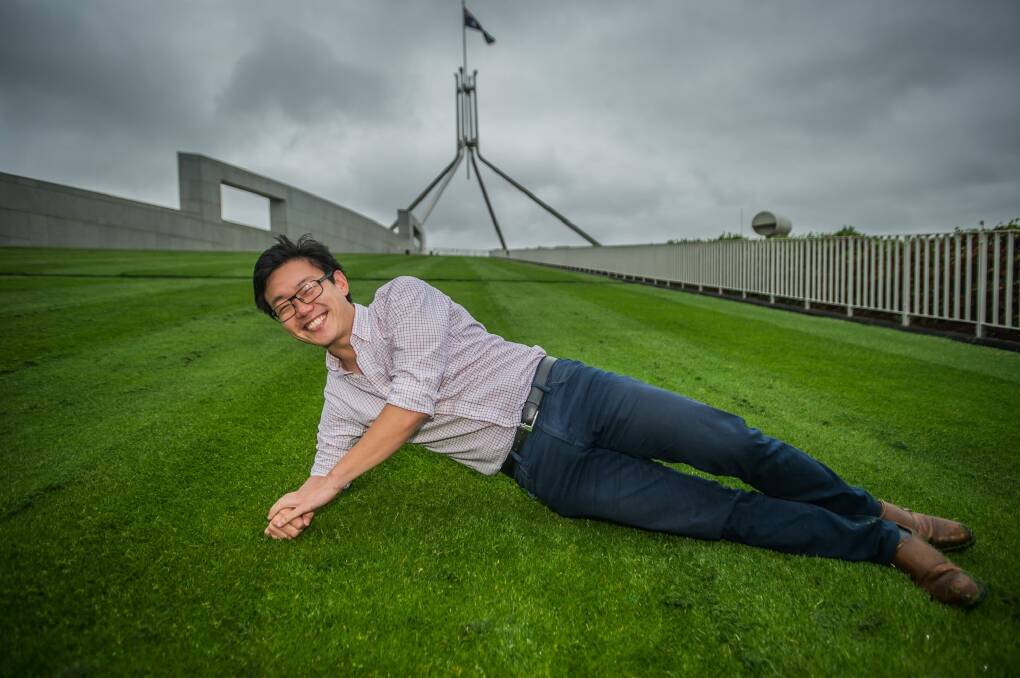 Canberra architect Lester Yao is the organiser of a mass roll-a-thon down the lawns of Parliament House on Saturday. Photo: Karleen Minney