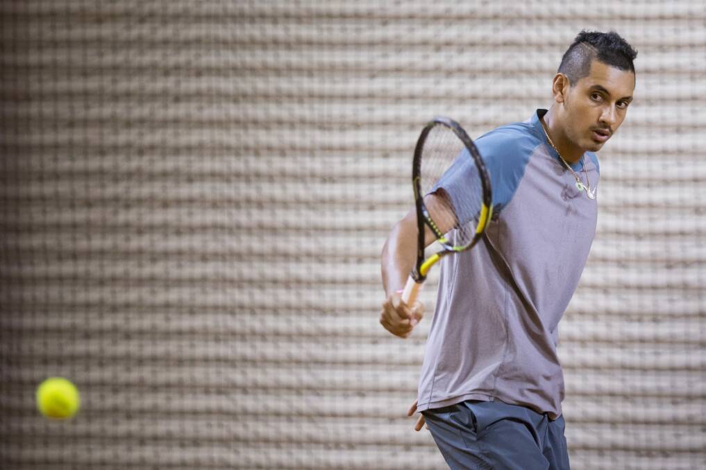 Nick Kyrgios trains at the AIS in Canberra on Wednesday. Photo: Matt Bedford
