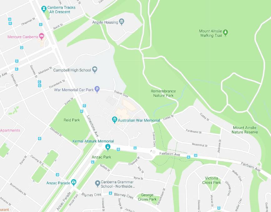 The War Memorial proposes to acquire land behind Treloar Crescent for construction workers to use, and eventually, a car park. Photo: Google Maps