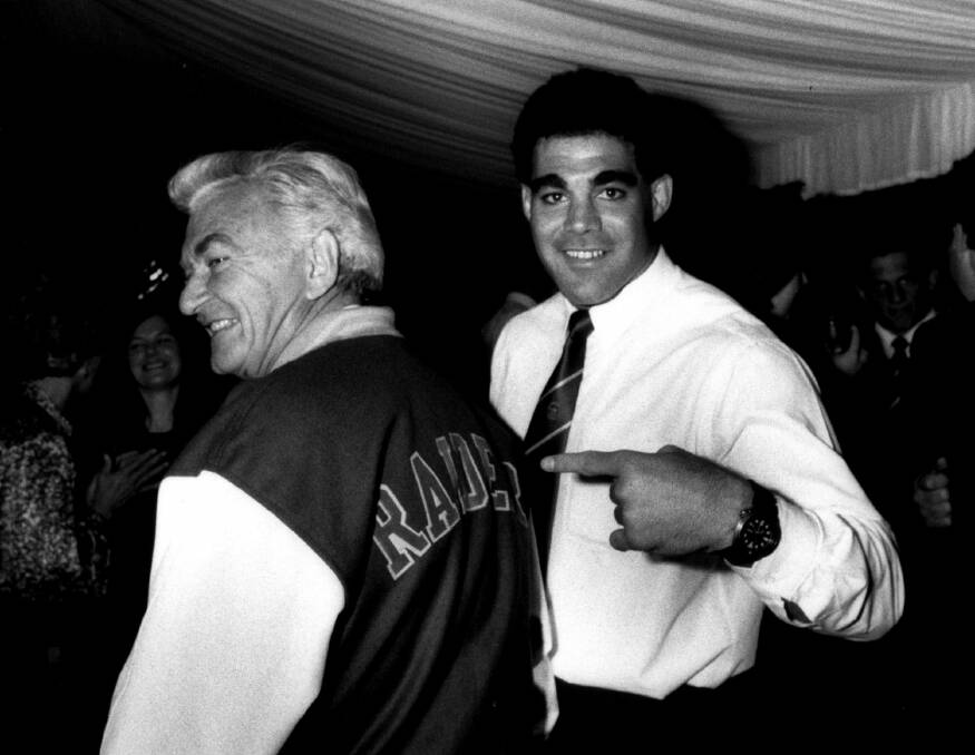 Mal Meninga points to 'honorary Raider' Bob Hawke. Hawke cut through with the sports-loving crowd in bars and workplaces.  Photo: Richard Briggs
