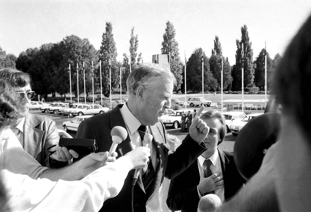 Sir Joh Bjelke-Petersen arrives at
the National Economic Summit in Canberra on 12 April 1983. Photo: David Bartho