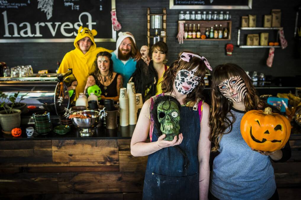 Having fun: (front from left) Harvest Coffee owner Hannah Campbell with Rebecca Bailey, and (behind from left) Sam Ryrie, Tenzin Szabo, Leandra Martinello and Kathleen Quinn. Photo: Jamila Toderas