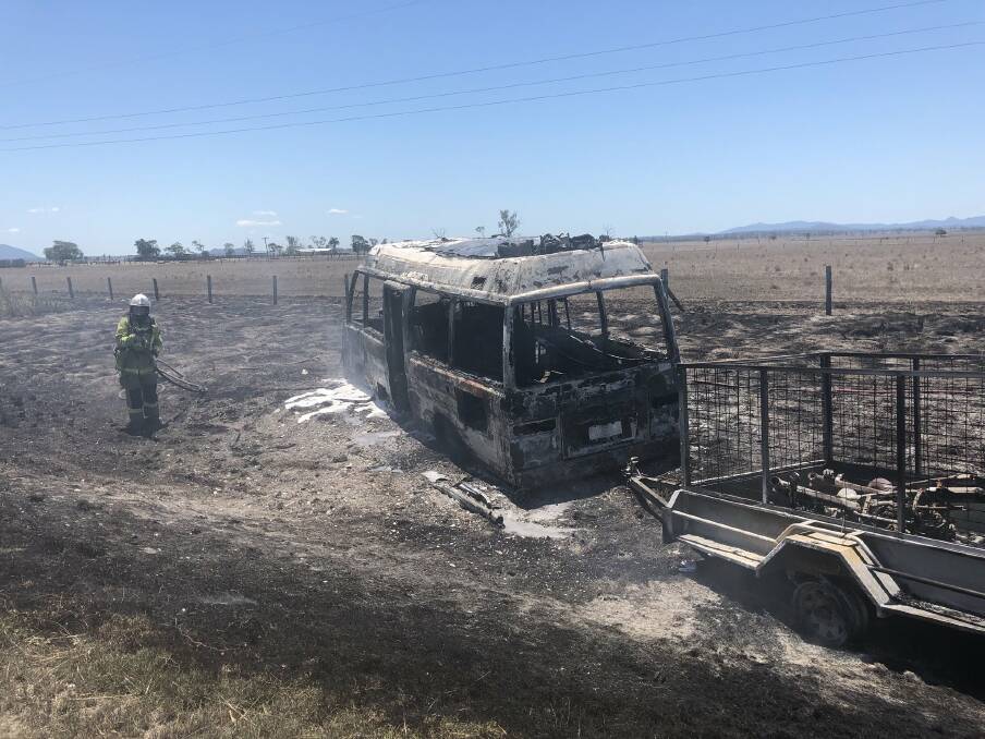 A minivan and trailer have been destroyed in a grass fire near Marlborough. Photo: Twitter/Nine News