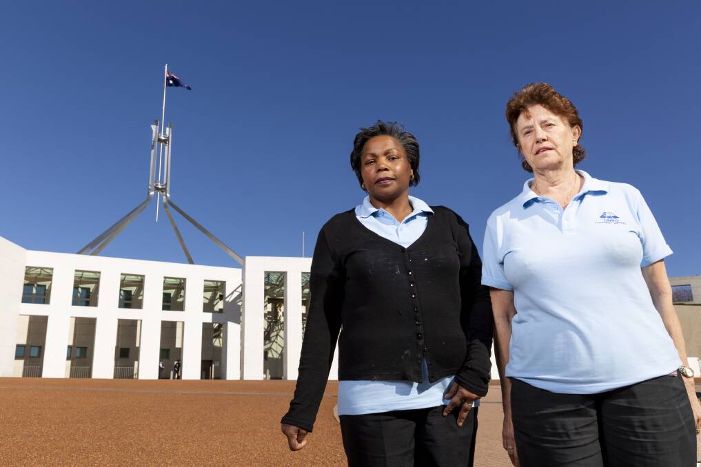 Long-standing Parliament House cleaners Luzia Borges and Anna Jancevski are worried for their jobs. Photo: Sitthixay Ditthavong
