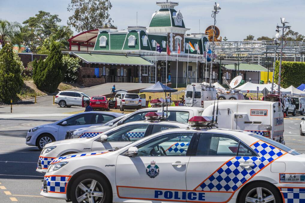 Police cars outside Dreamworld in October 2016, after the tragedy. Photo: Glenn Hunt/Fairfax Media
