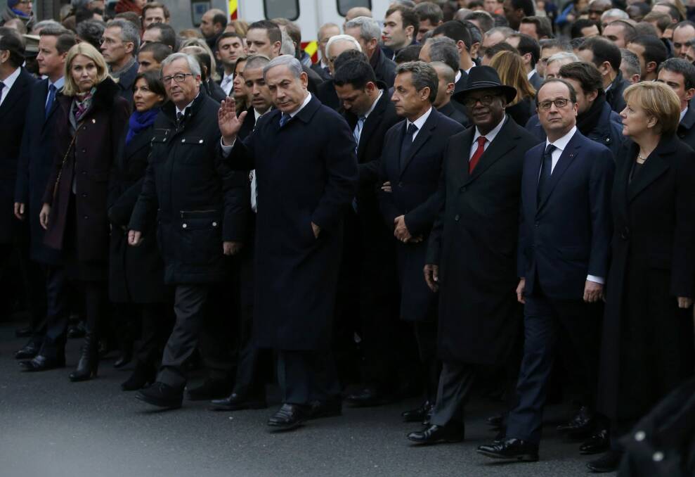 World leaders at the front of the solidarity march (Marche Republicaine) in the streets of Paris. Photo: Reuters