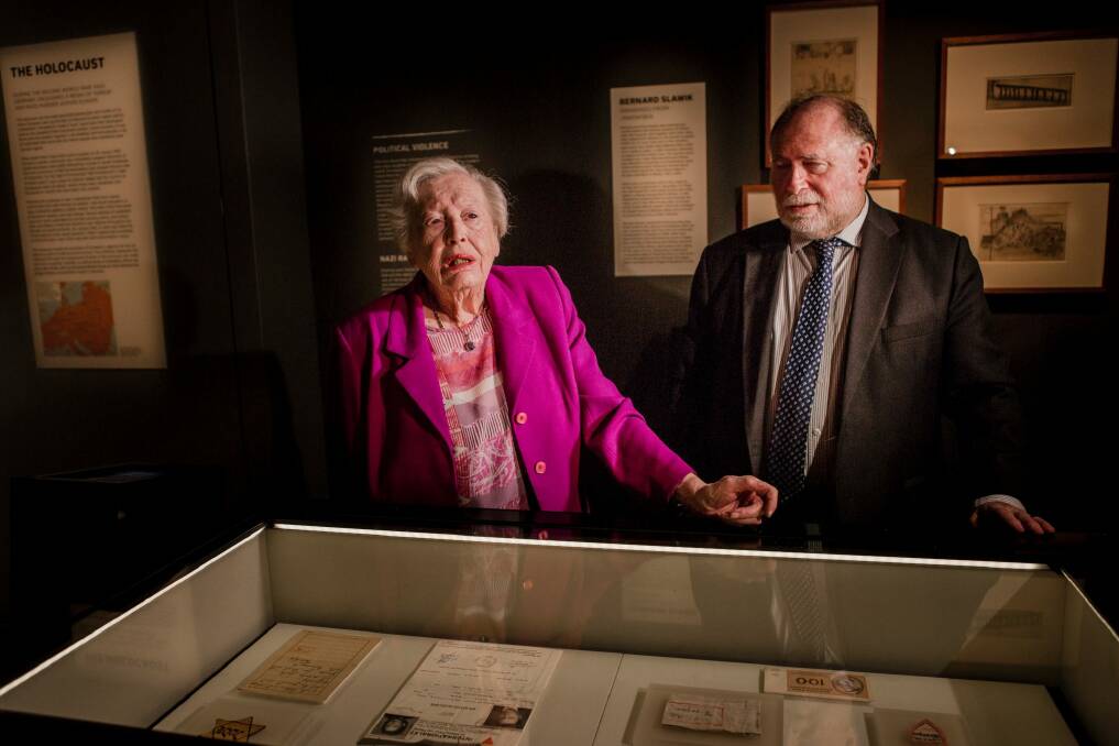 Holocaust survivor Irma Hanner with Jewish Holocaust Centre director Warren Fineberg. 
Irma Hanner speaks about her possessions included in the Australian War Memorial's permanent Holocaust exhibition.  Photo: Jamila Toderas