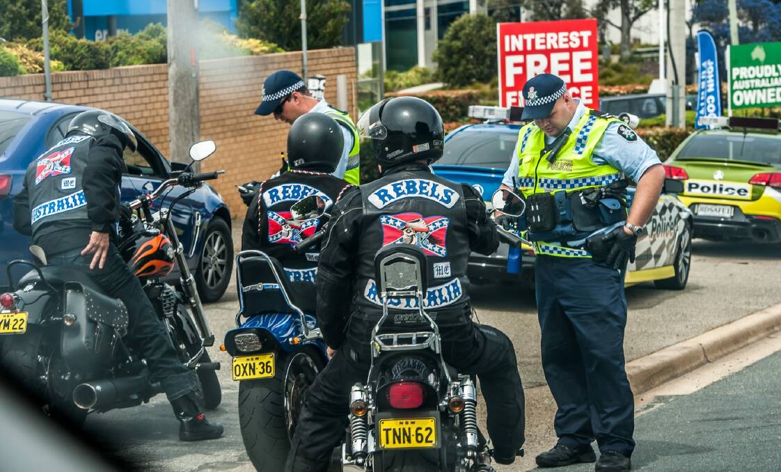 ACT policing make their presence felt in Wollongong street Fyshwick, the home of the Rebels bikie clubhouse, ahead of this weekends planned club Annual meeting. Photo by Karleen Minney. Photo: Karleen Minney