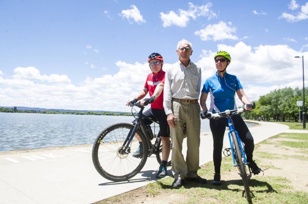 Cyclists from Pedal Power Mark Boast, Richard Bush and Michelle Weston are concerned about overcrowding on lakeside paths. Photo: Dion Georgopoulos