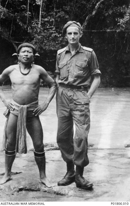 Major Toby Carter, of Z Special Unit's operation Semut, with a Kelabit chief in Sarawak, Borneo, in 1945. Photo: Australian War Memorial