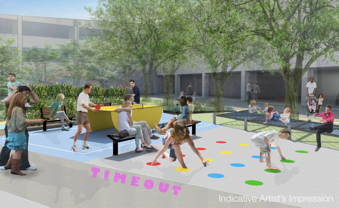 Woden Town Square is set to be activated with outdoor offices, turf and sun lounges, table tennis facilities and pop-up food and drink vendors. The six-month project is called the #WodenExperiment Photo: Supplied