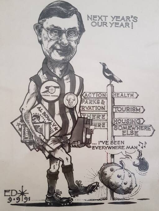 This cartoon summed up all the roles ACT city manager - and Collingwood fan - John Turner had to play. Photo: Supplied