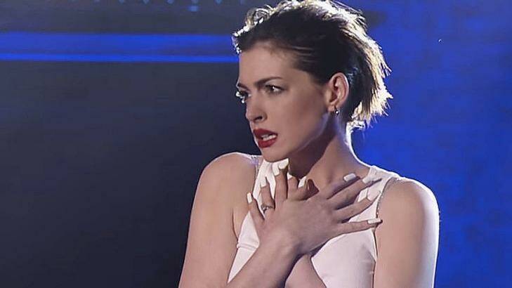 Anne Hathaway impersonating Miley Cyrus on <i>Lip Sync Battle</i>. Photo: YouTube
