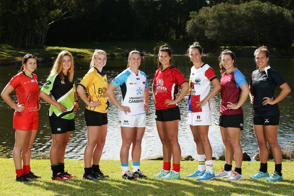 Player representatives from all teams pose during the AON Women's University Sevens Launch at Macquarie Uni. Photo: Matt King