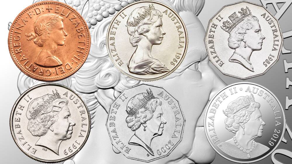 The changing face of Her Majesty Queen Elizabeth II. Her effigy has evolved six times since she first appeared on currency in 1953. It is the first time in 20 years that Australian coins will have a new portrait of the Queen. Photo: Supplied
