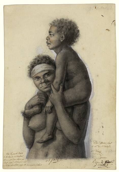 <i>Aboriginal woman carrying her child on her shoulder</i>,  
Nicolas-Martin Petit, 1802 in <i>The Art of Science: Baudin’s Voyagers 1800–1804</i> at the National Museum of Australia. Photo: Museum of Natural History, Le Havre